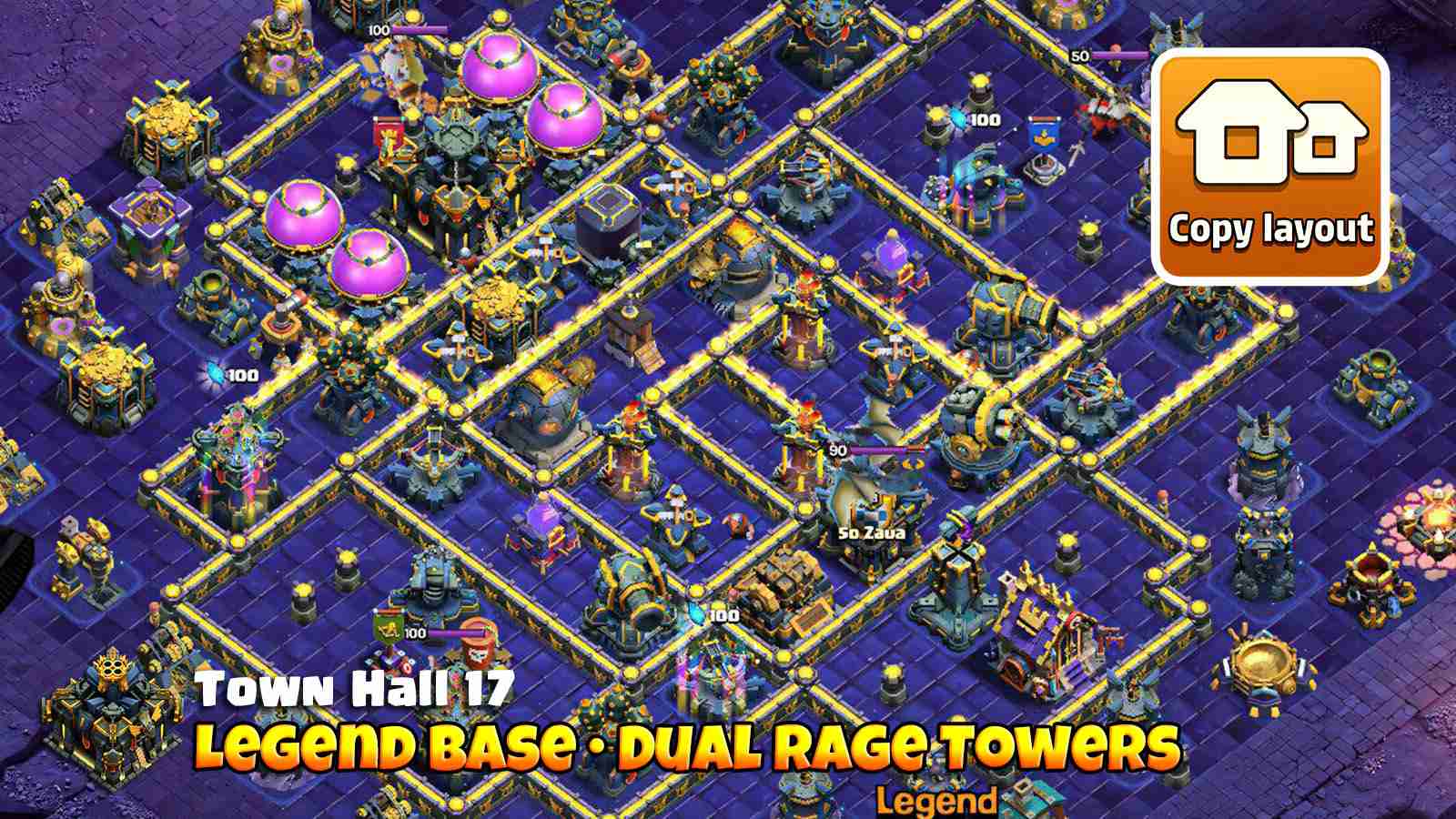Legend Defense Base used by ITZU with Triple Inferno Core and Dual Rage Towers for 6500+ Trophies