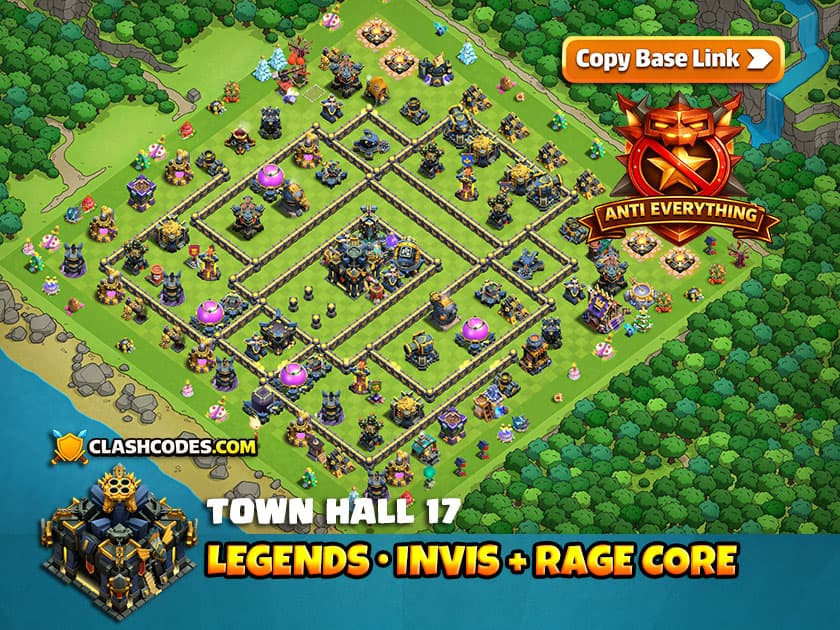 Base TH17 para Leyendas con Torre de invisibilidad, Torre de furia y Monolito en el núcleo