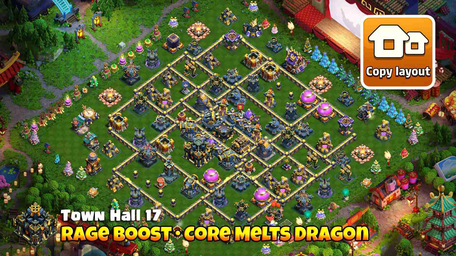 High damage core base with dual Rage Towers designed to melt Dragons and split their pathing
