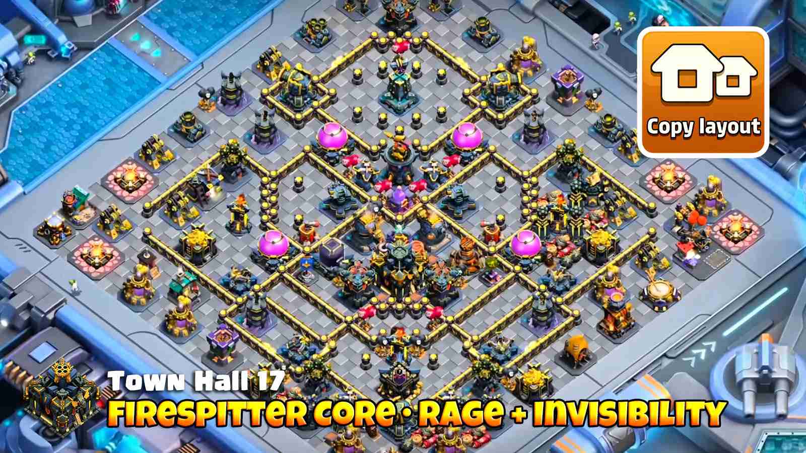 Rage and Invisibility Core with boosted Firespitters and Scattershots forcing Bowlers to path around TownHall.