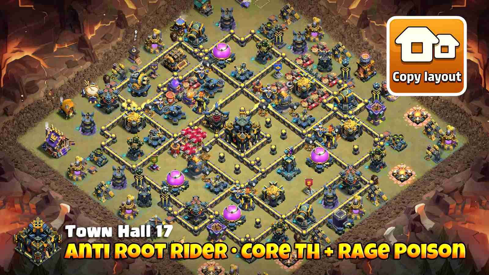 Root Rider Defense with Core TownHall Rage-Poison Combo and Barbarian King tanking near Monolith for timed fails