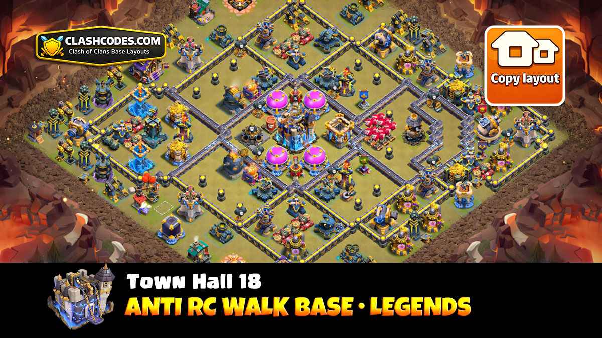 TH18 base with central Town Hall, Ground Mode X-Bows and Poison Tower setup slowing and controlling Royal Champion Walks.