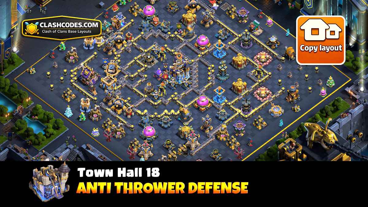 TH18 anti-Thrower base layout with long pathing and Ice Golem Clan Castle defense