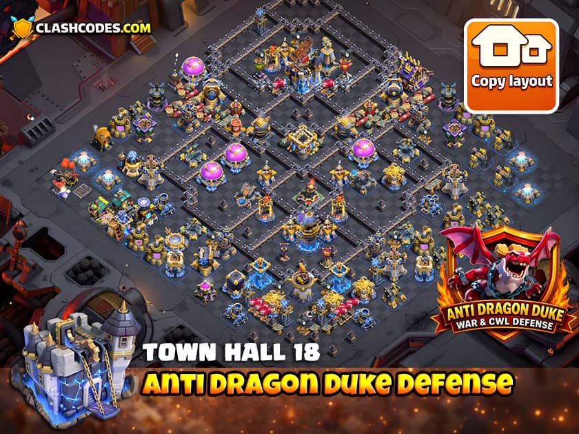 Town Hall 18 anti Dragon Duke base for Clash of Clans war and CWL with protected core defenses