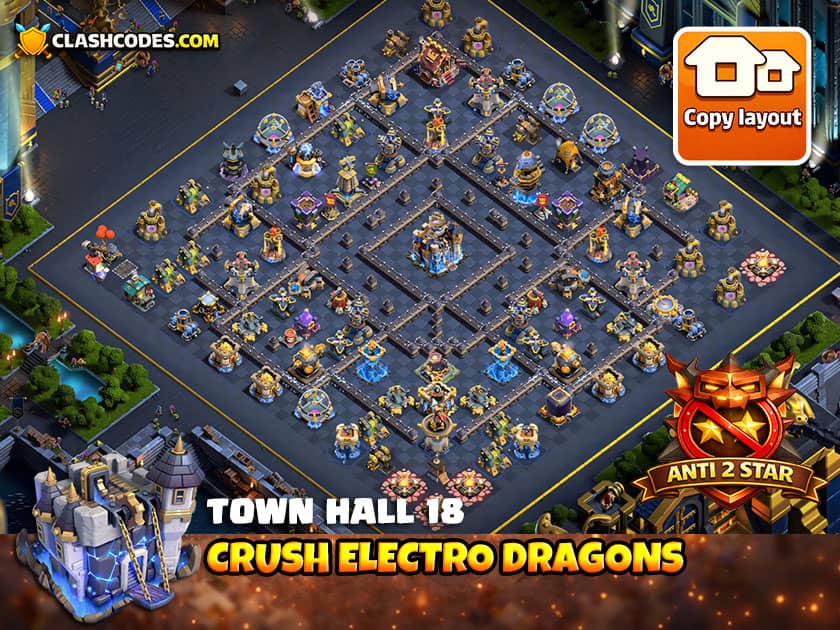 Level 18 Town Hall anti Electro Dragon base with Rage boosted Air Defenses and Firespitters