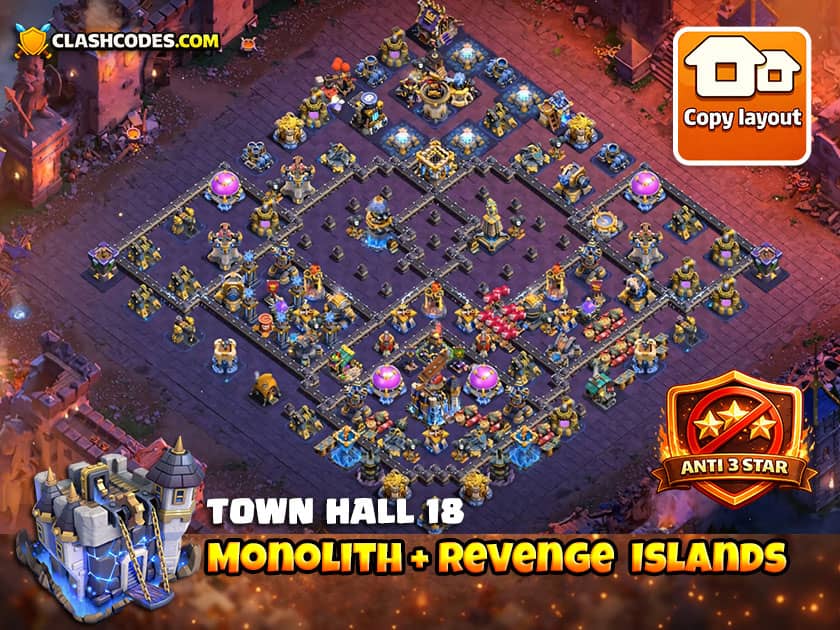 Layout for Town Hall 18 players with Seperate Monolith and Revenge Tower island compartments
