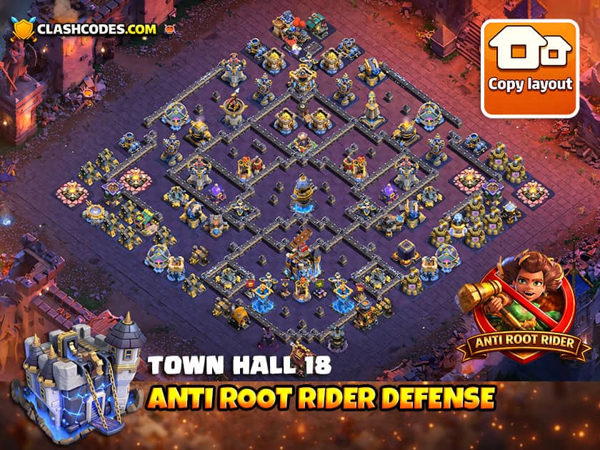 CoC TH18 Rootrider defense base with core Revenge Tower + 2x Rage Towers for clan war defense