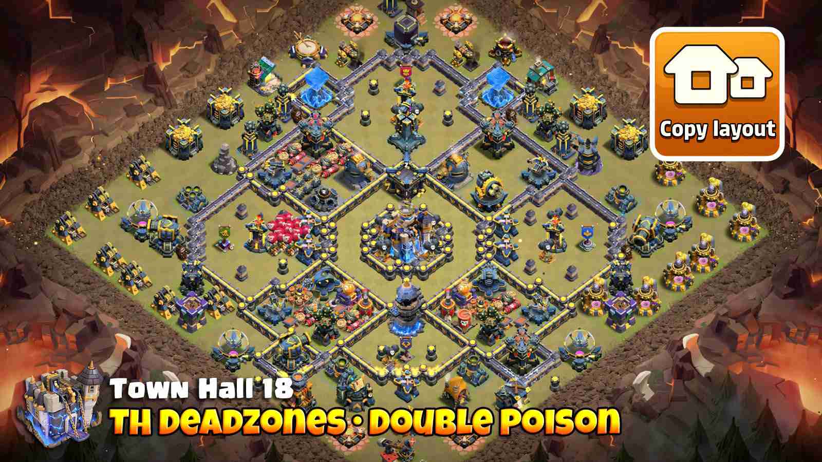 TH18 war base with Town Hall deadzones and dual Poison Towers designed for anti-2 star defense