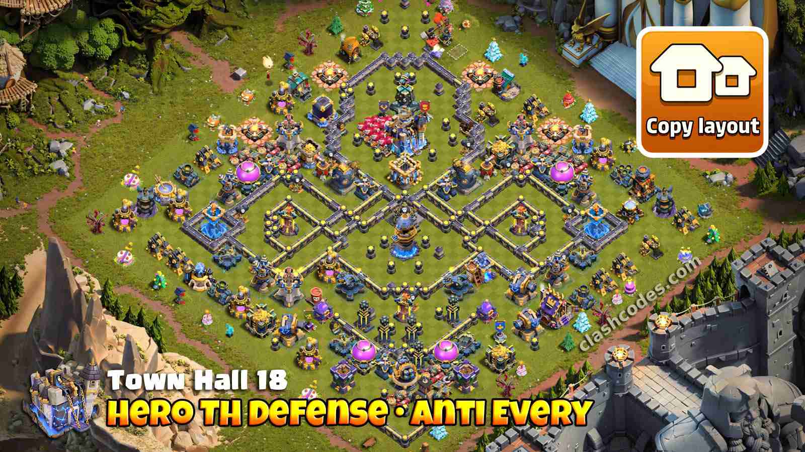 Multi hero TH defense layout where heroes engage when troops go near Town Hall