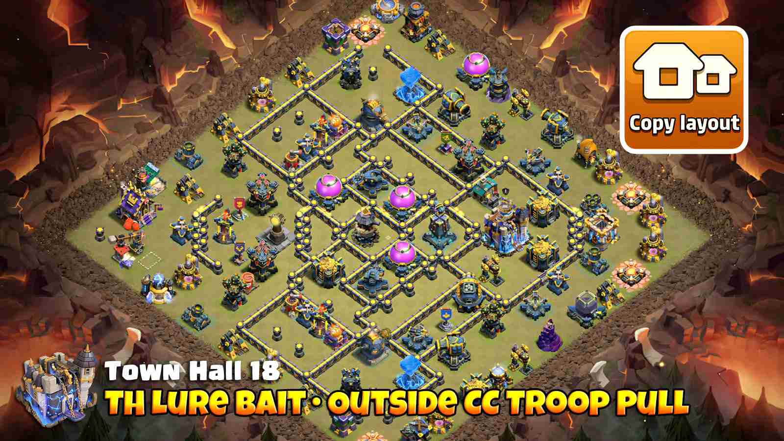Baited Town Hall 18 entry base with outside Clan Castle troops (Super Minions) to force extra spells,Straight X-Bows locks on hero deployment
