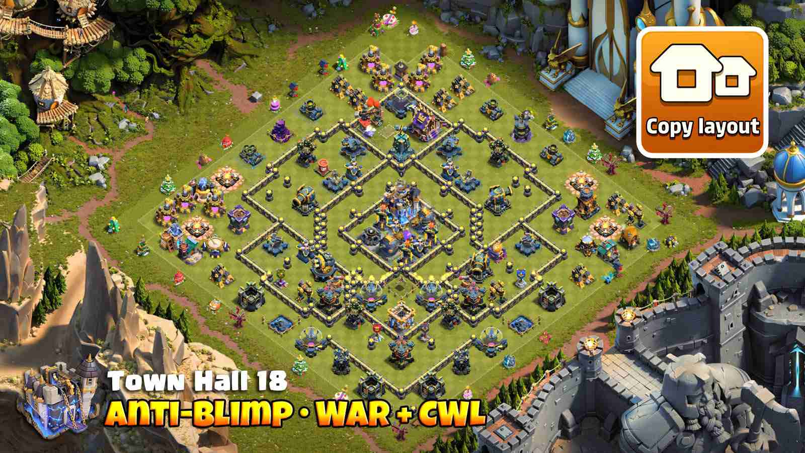 TH18 war base positioned to push blimps off their path using angled sweepers.