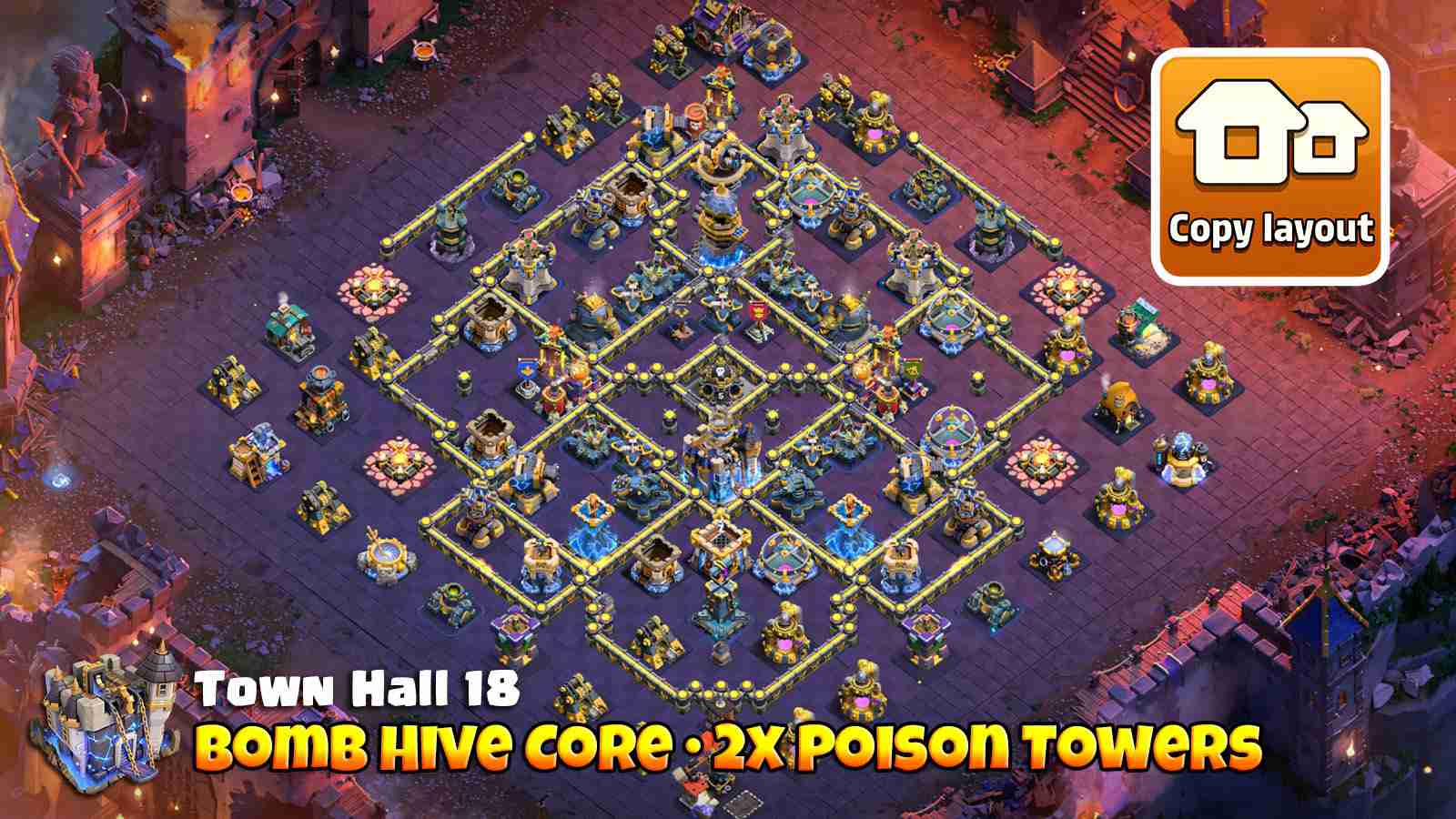 Bomb Hive core base with hero defending infernos and Poison Tower near Firespitter