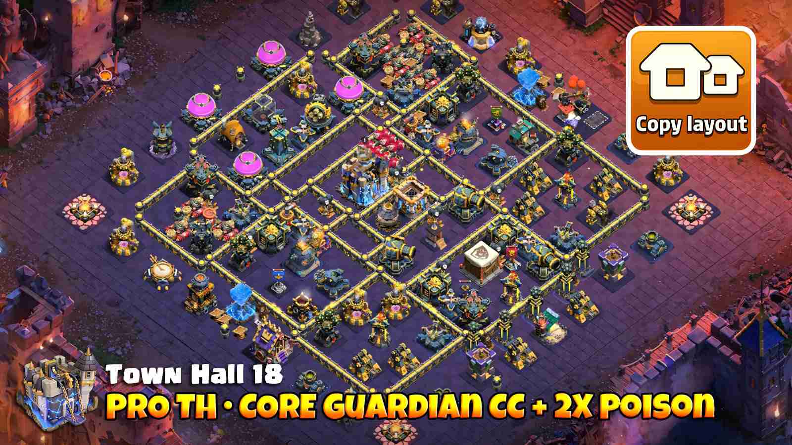 Boxed Town Hall base with Guardian core and Clan Castle for strong defense