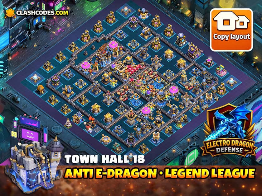 Box style Legend League base with spaced defenses to reduce Electro Dragon chain damage
