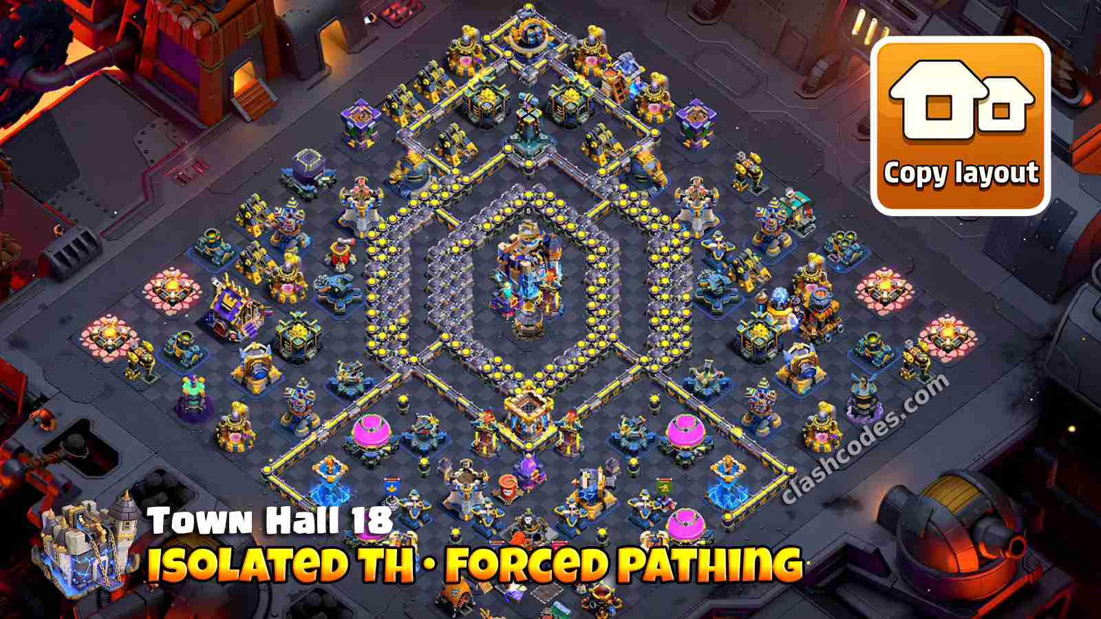 Isolated Town Hall layout that forces troops to loop the base edge and waste time