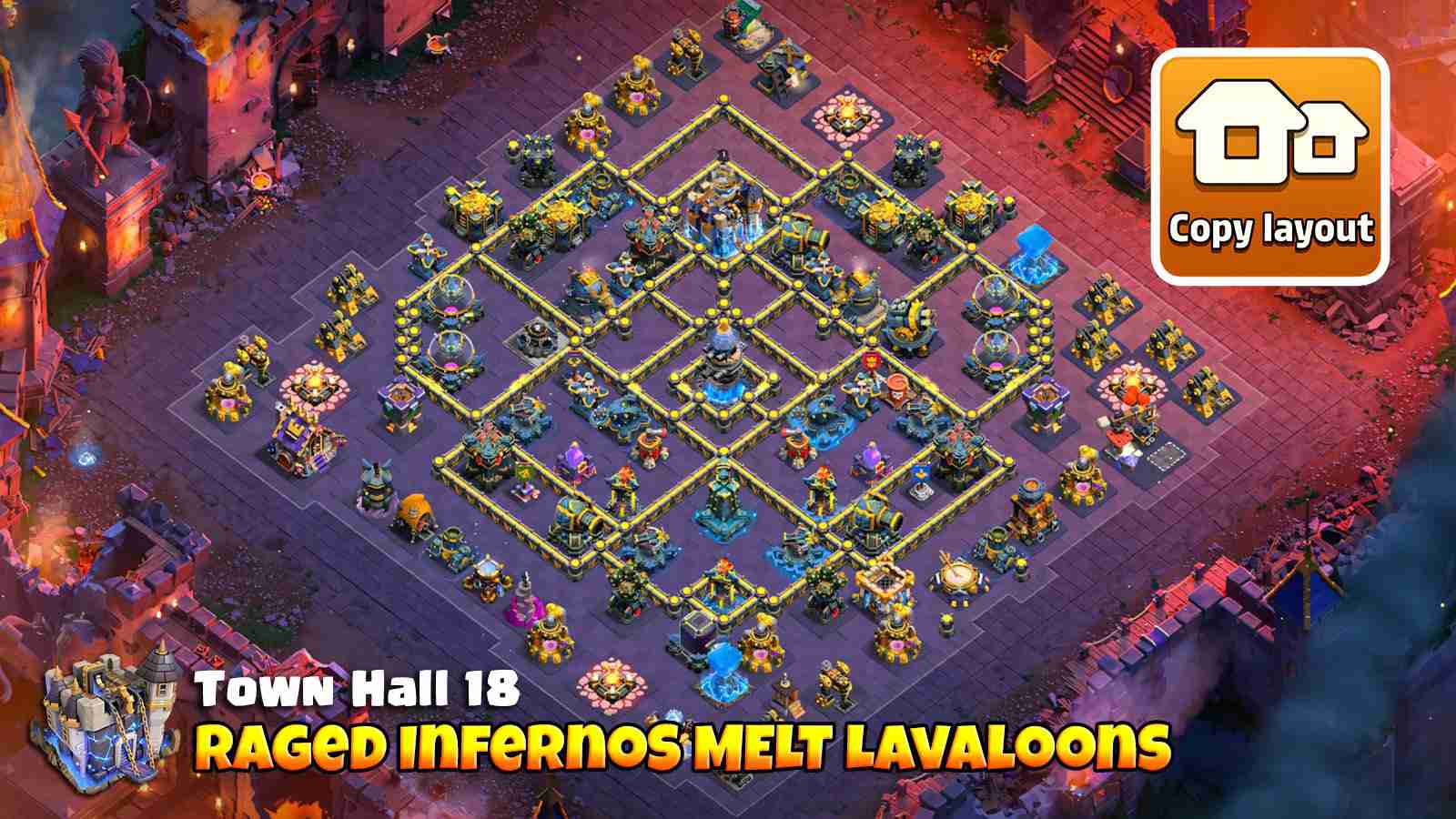 CWL Lavaloon defense Base with Rage boosted Multi Infernos melting Balloons (Loons) and deadzones diverts troop pathing