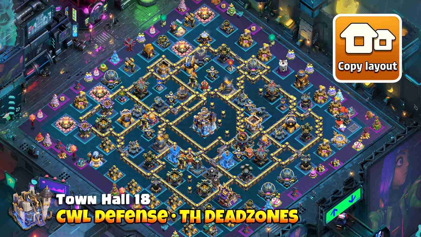 Town Hall 18 CWL layout using TH deadzones to bait air troops away from core
