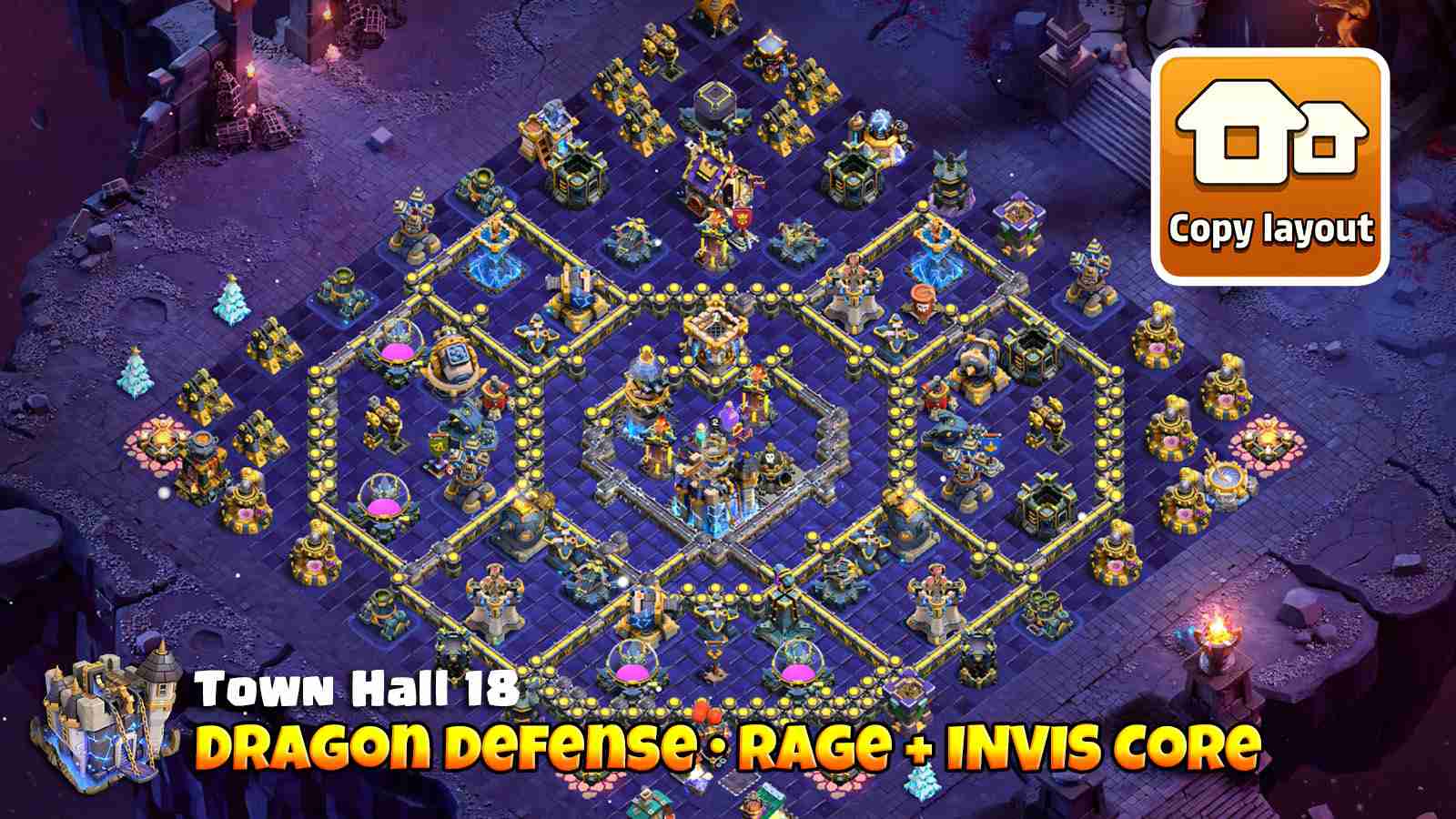 High DPS core design with stacked defenses, Rage Tower support and timed Invisibility triggers