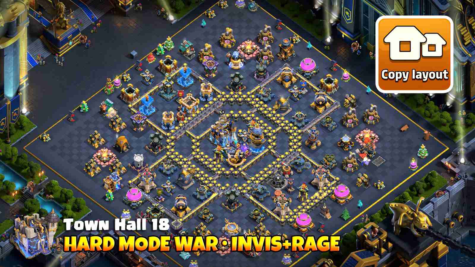 TH18 hard mode war base with wide deadzones and high damage core setup
