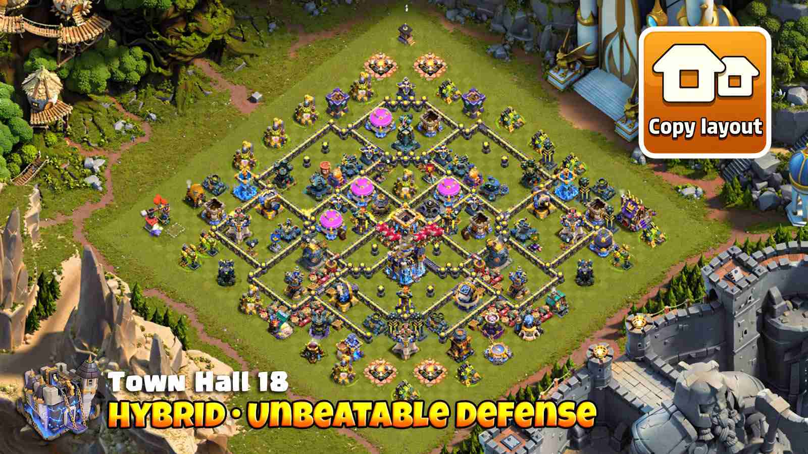 Hybrid base with central Clan Castle and balanced ground air defense.