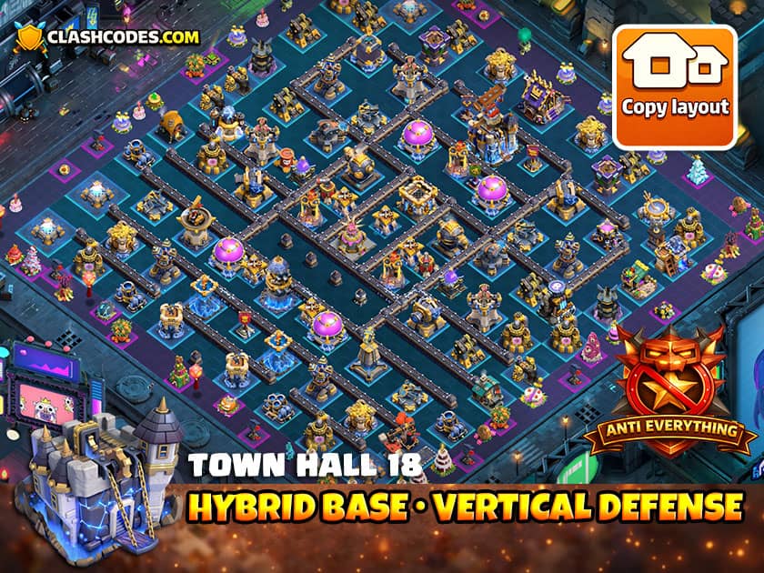 Hybrid base with vertically aligned defenses and heroes protecting Town Hall entrance