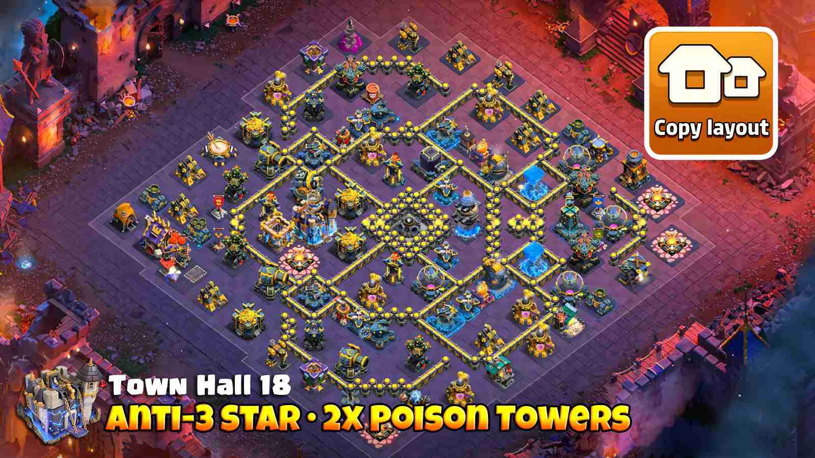 War Base for TH18 with Bomb Hive core + Poison Tower near Firespitter to defend RC Walks, Electro Dragons