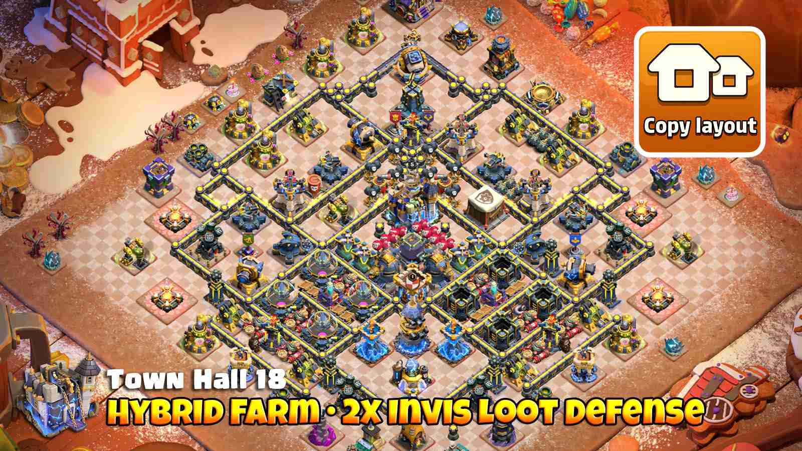 Hybrid farming base with Invisibility towers on storages and well protected DE