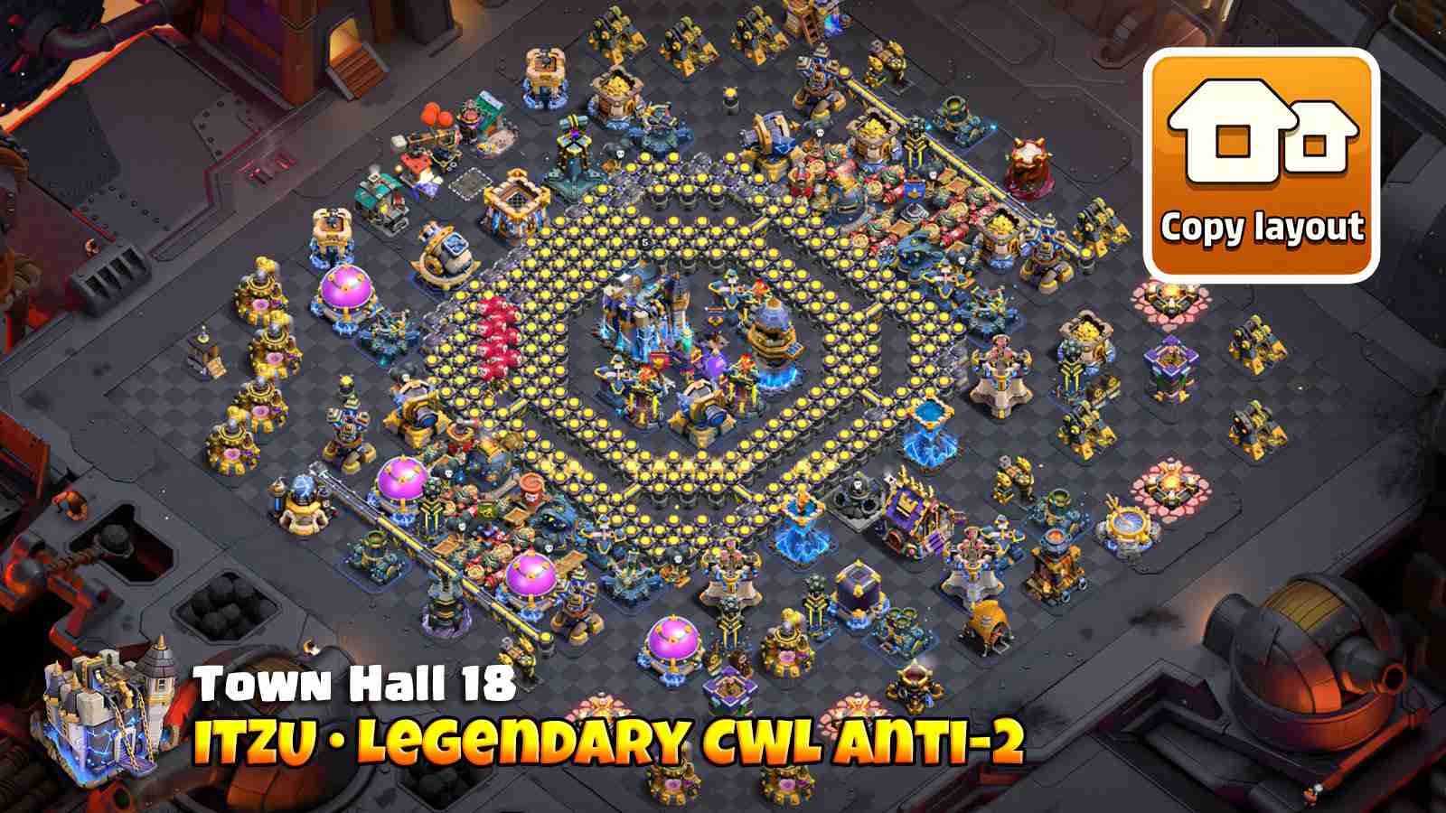 CWL base with offset Town Hall and multi ring defense inspired by ITZU