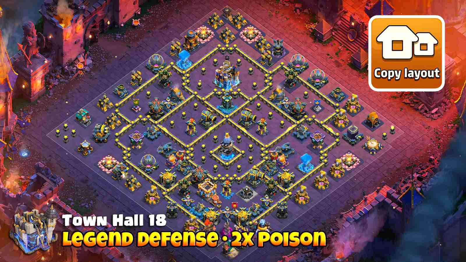 Legend League Design with Poison Towers near Scattershots, Monolith Revenge core, Inferno Ricochet islands