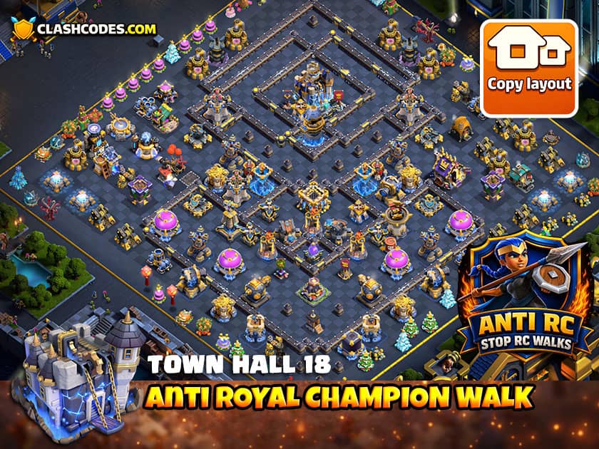 CoC TH18 Royal Champion Walk defense base with heroes protecting Town Hall and Invisibility Tower nearby