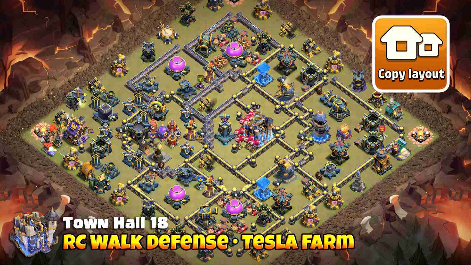 Royal Champion Walk defense with Hidden Tesla farm, Rage and Poison towers and disrupted walking paths