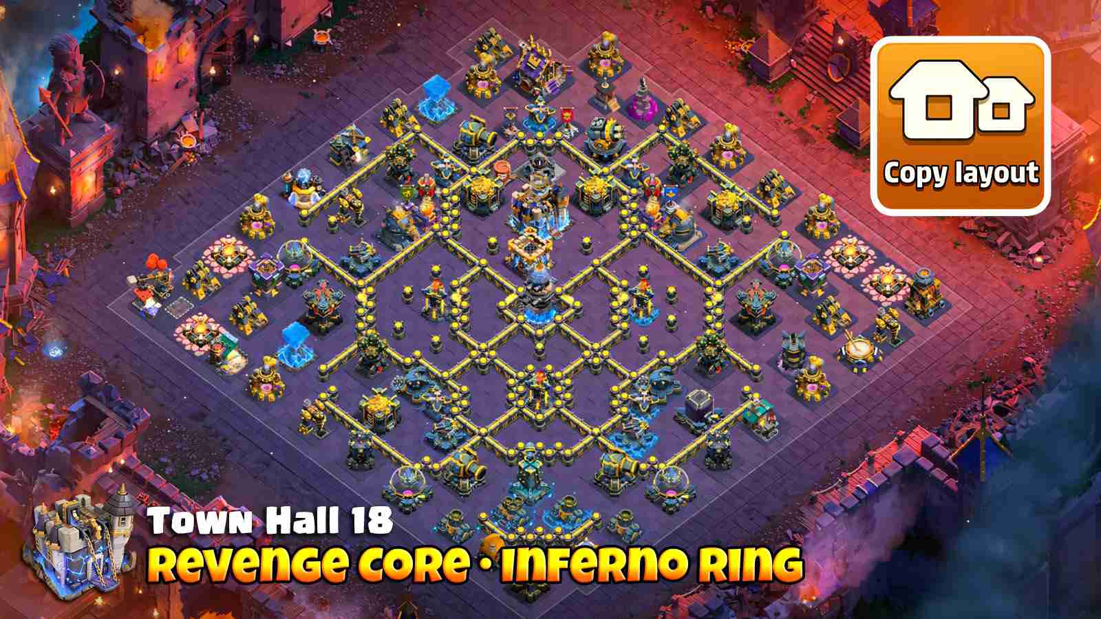 Revenge Tower core with surrounding Inferno ring + deadzones to divert troops outward, Bomb Hive near Town Hall and strong defending heroes