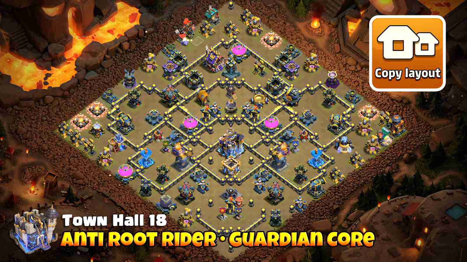 Root Rider defense layout with Guardian core pathing and traps that force riders into narrow kill zones.