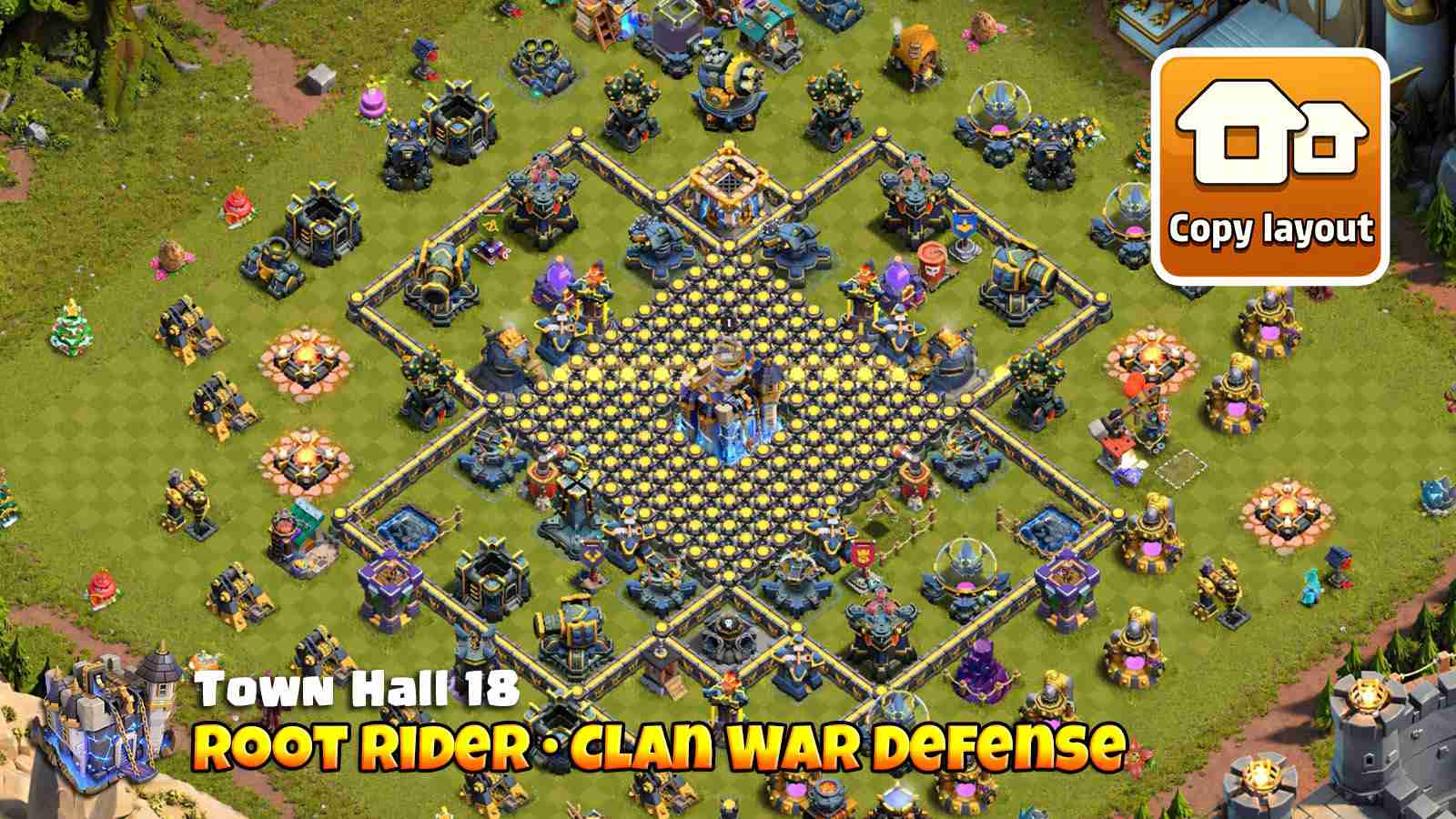 Anti Root Rider clan war base with maze walls and strong side damage zones
