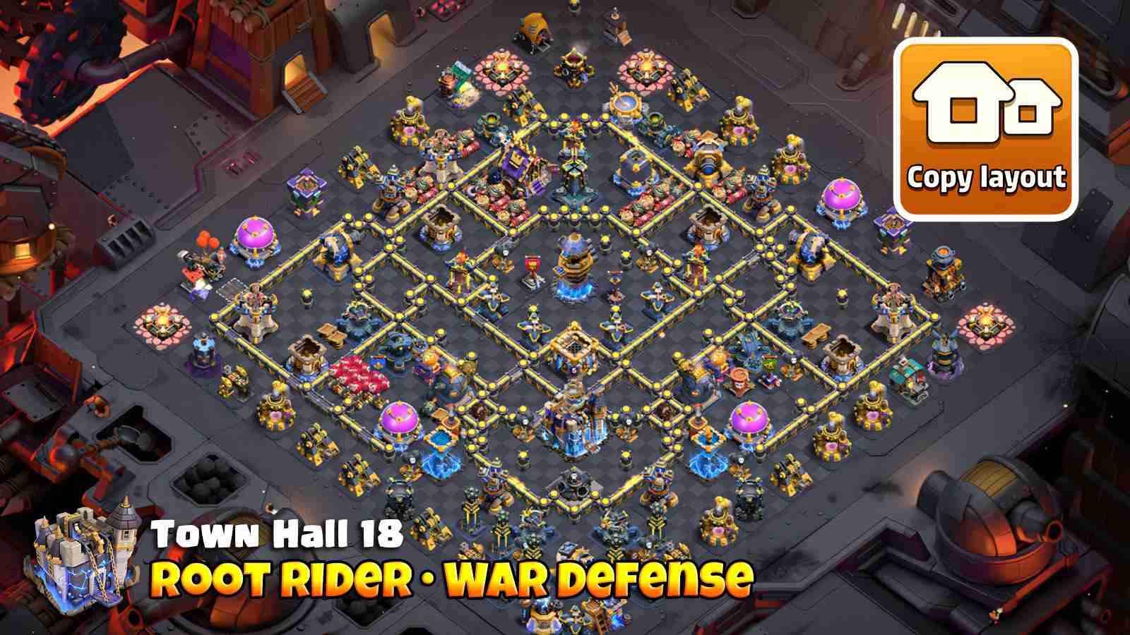 TH18 Root Rider design with multiple wall layers and ground focused defenses