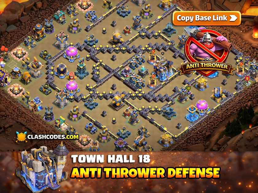 Layout for Thrower Defense with Invisibility Tower hiding Town Hall and forcing Throwers away from core
