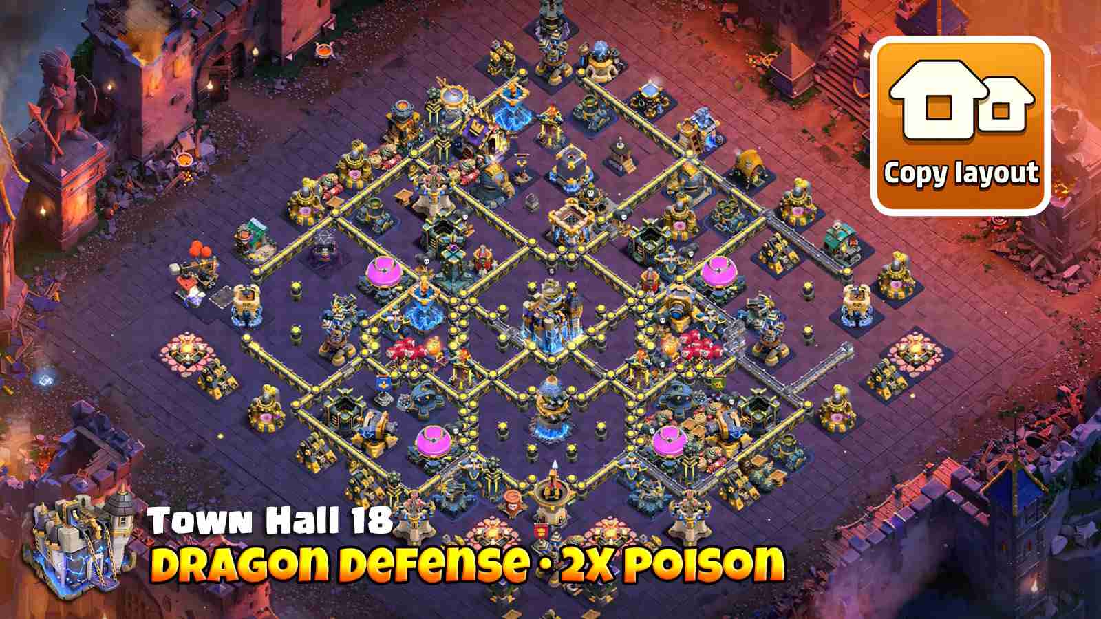 Dragon defense layout with central Town Hall core, wide deadzones and proper Air Sweepers angles forcing early spell use