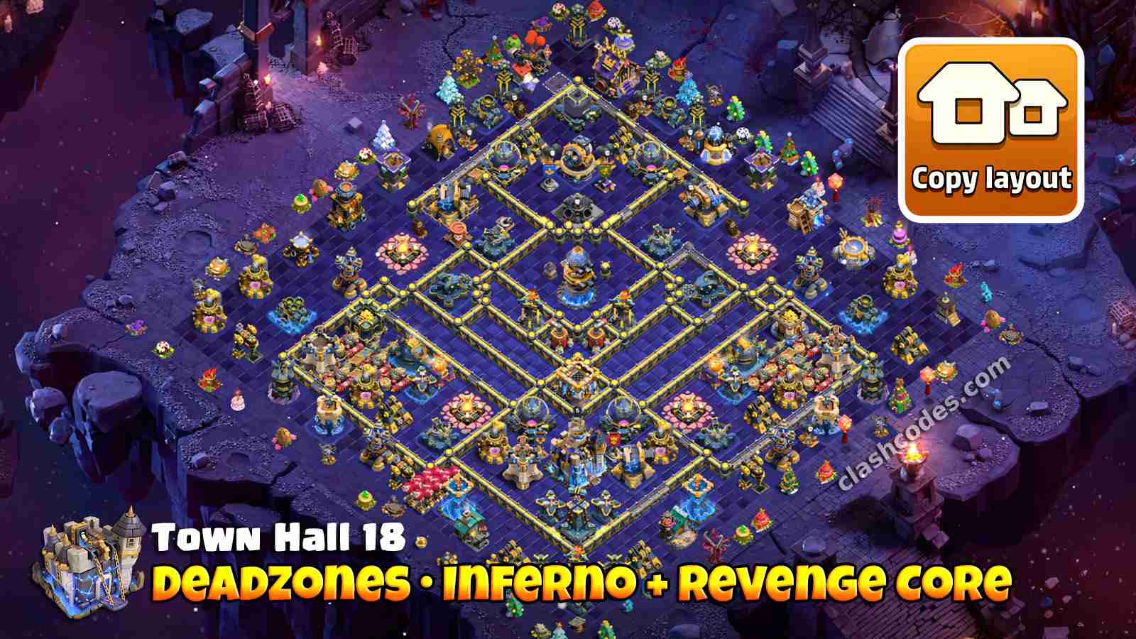 War layout for TH18 with wide deadzones forcing retargeting around core Inferno Towers