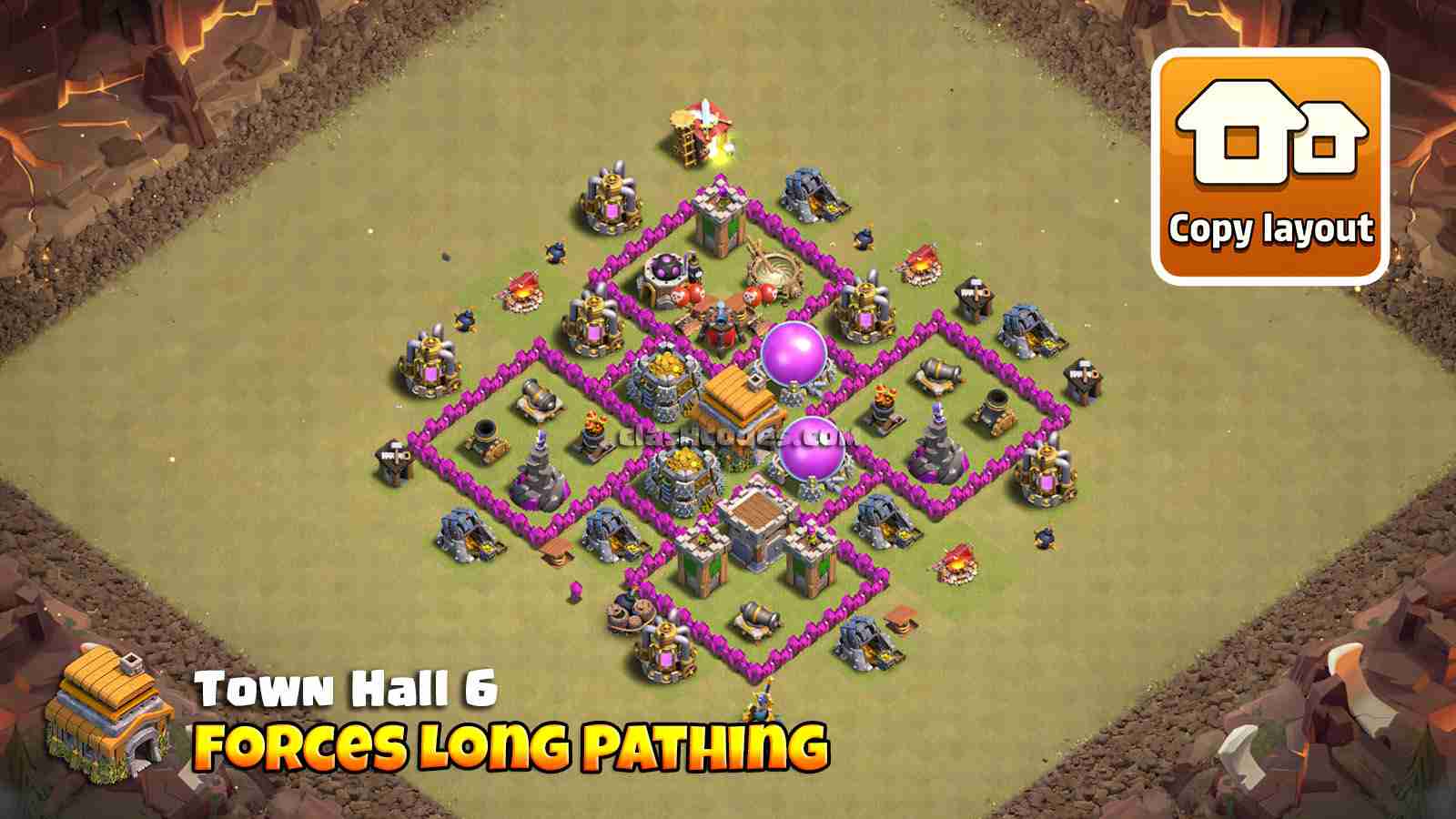 Base de trofeos y farming con compartimentos separados y recorrido que obliga a las tropas a rodear el Ayuntamiento.