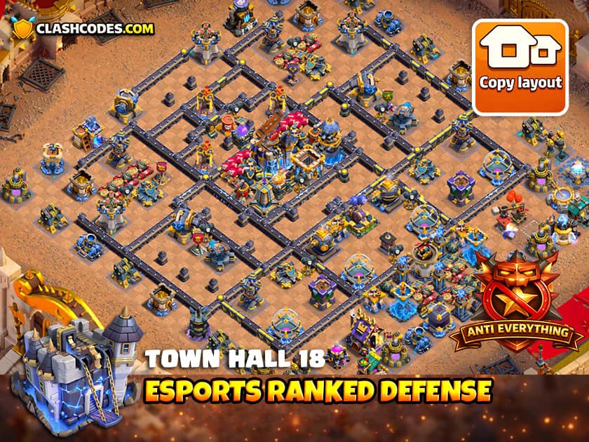 TH18 esports ranked battle base layout for Clash of Clans with competitive Home Village defense