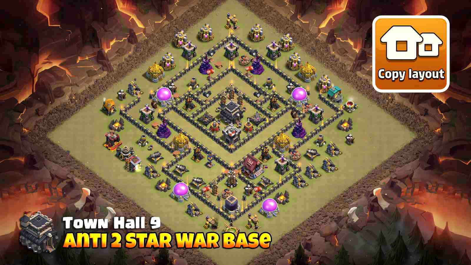 TH9 base layout designed to prevent 2 star defense wins