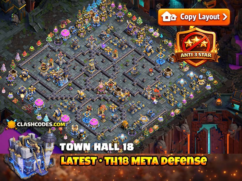 Latest TH18 meta layout with a protected Monolith island at the center
