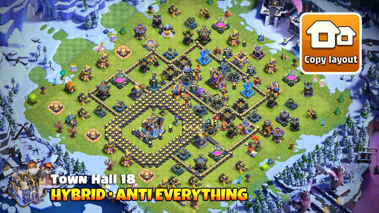 TH18 Legend League base with Town Hall deadzone forcing long troop pathing