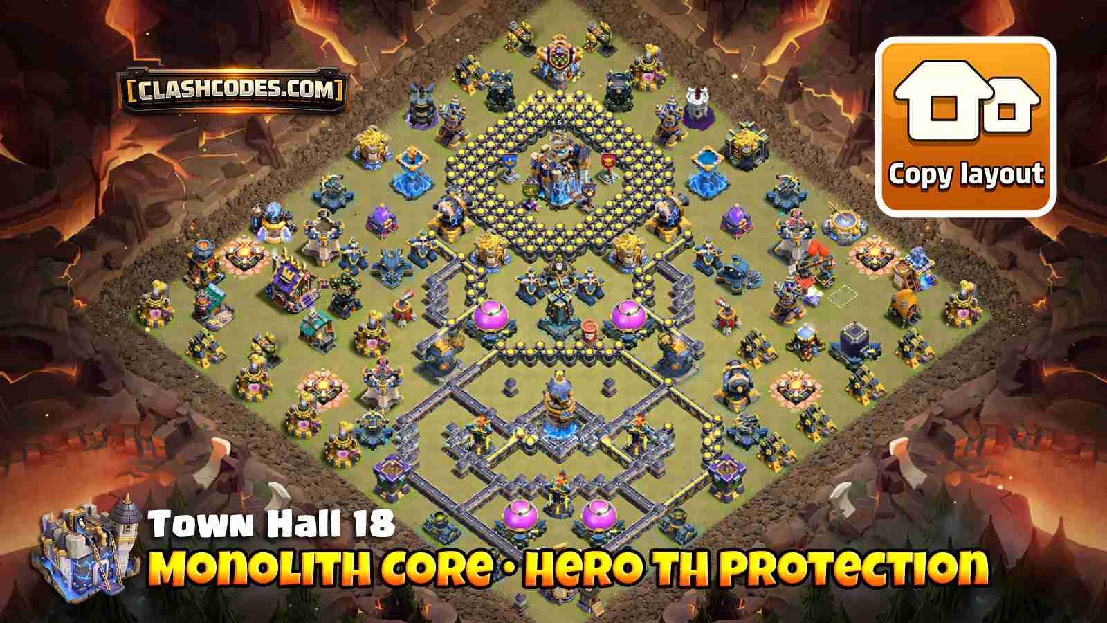 Monolith core protected by all heroes around the town hall