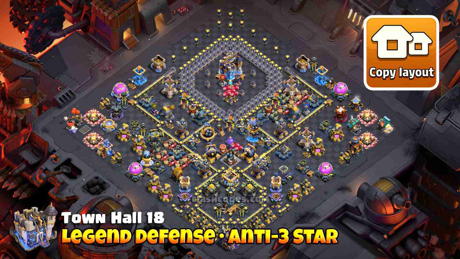 Map view of a Town Hall 18 Legend League base with large deadzones and powerful core defenses