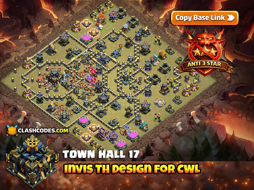 War layout where Invis Spell Tower hides Town Hall and troops move away from Town Hall to prevent 3 stars
