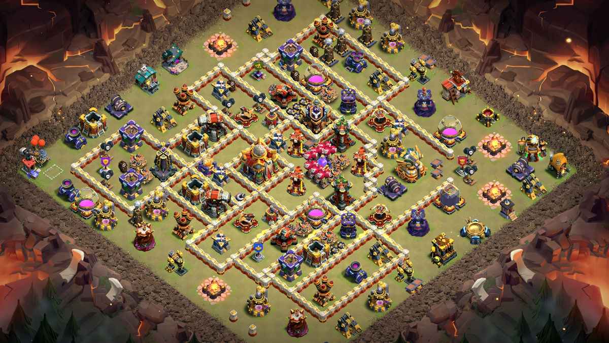 TH16 Home Village Defense with tricky wall layout forcing funnel failure and Lava Hound CC defense
