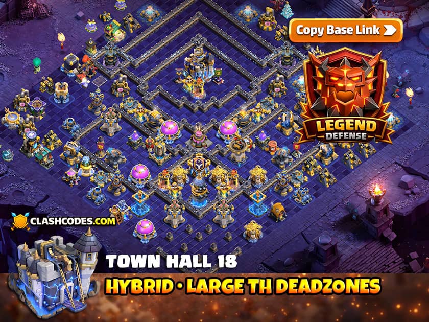 Hybrid TH18 defense with large dead zones around Town Hall redirecting attacking troops
