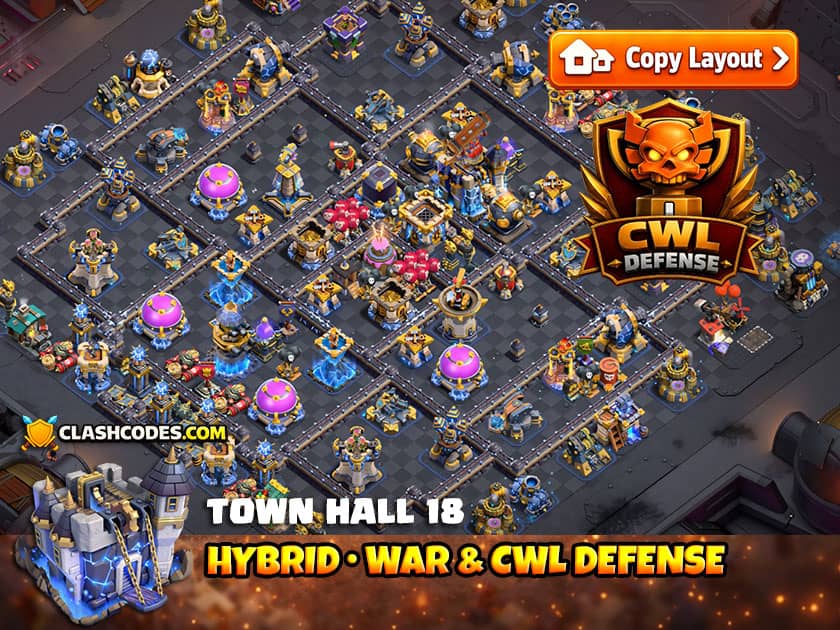 Hybrid war layout that forces early spells before attackers can reach core