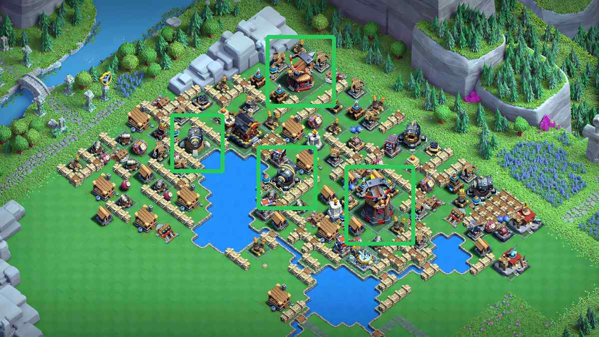 Base View with Blast Bows and Giant Cannons Marked For Builders Workshop